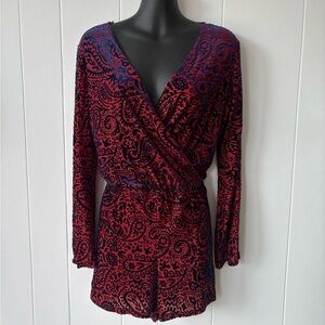 Honey Punch Burnout Velvet Paisley Faux Wrap Romper | Size Small